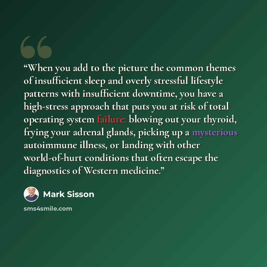 “When you add to the picture the common themes of insufficient sleep and overly stressful lifestyle patterns with insufficient downtime, you have a high-stress approach that puts you at risk of total operating system failure: blowing out your thyroid, frying your adrenal glands, picking up a…” quote by Mark Sisson
