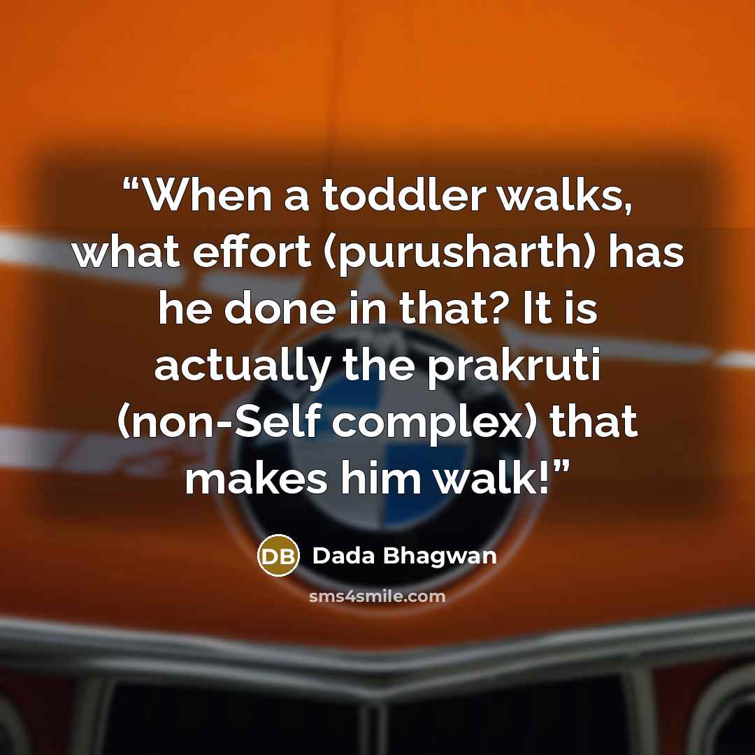 “When a toddler walks, what effort (purusharth) has he done in that? It is actually the prakruti (non-Self complex) that makes him walk!” quote by Dada Bhagwan