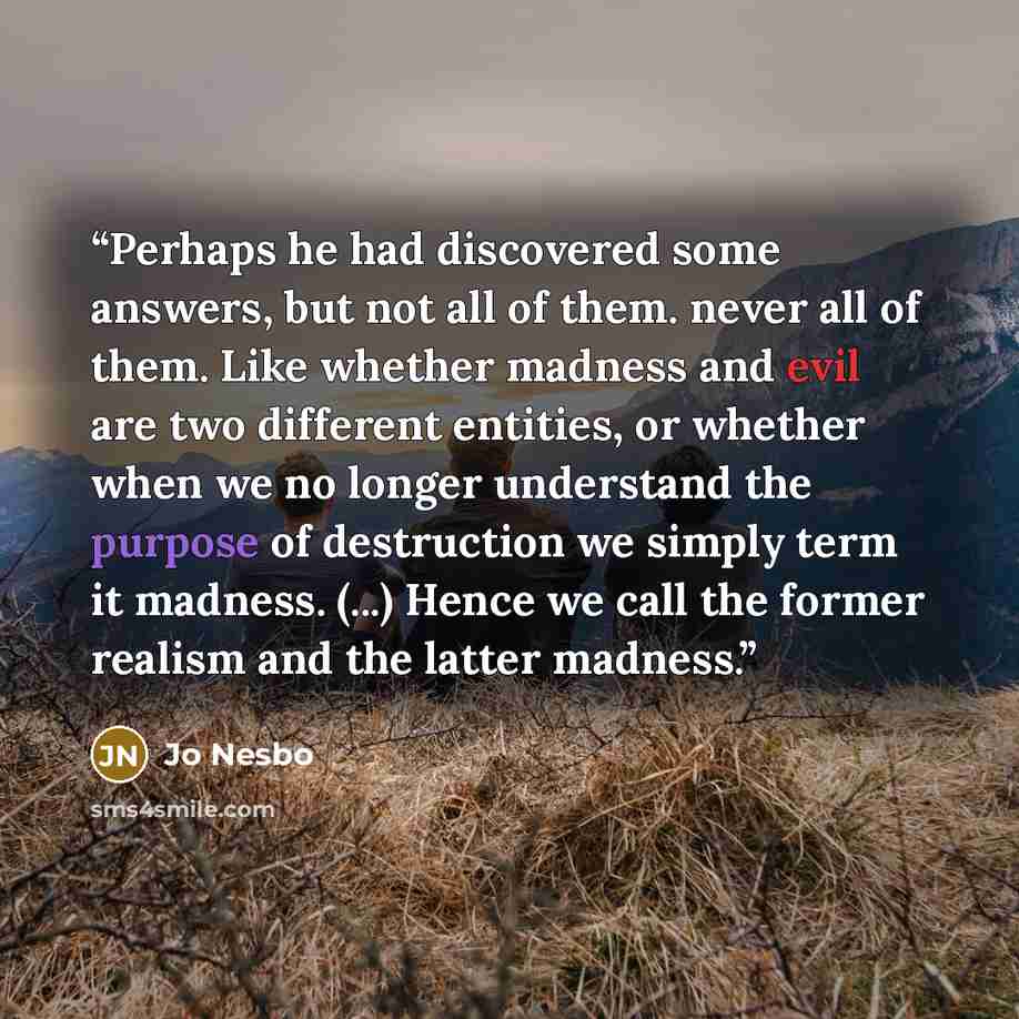 “Perhaps he had discovered some answers, but not all of them. never all of them. Like whether madness and evil are two different entities, or whether when we no longer understand the purpose of destruction we simply term it madness. (...) Hence we call the former realism and the latter madness.” quote by jo nesbo