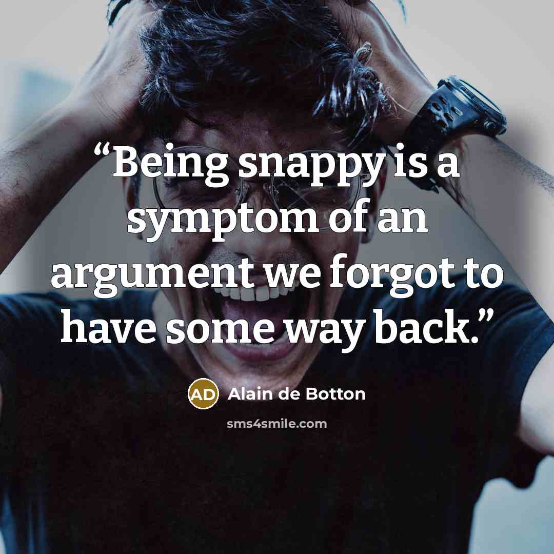 “Being snappy is a symptom of an argument we forgot to have some way back.” quote by alain de botton