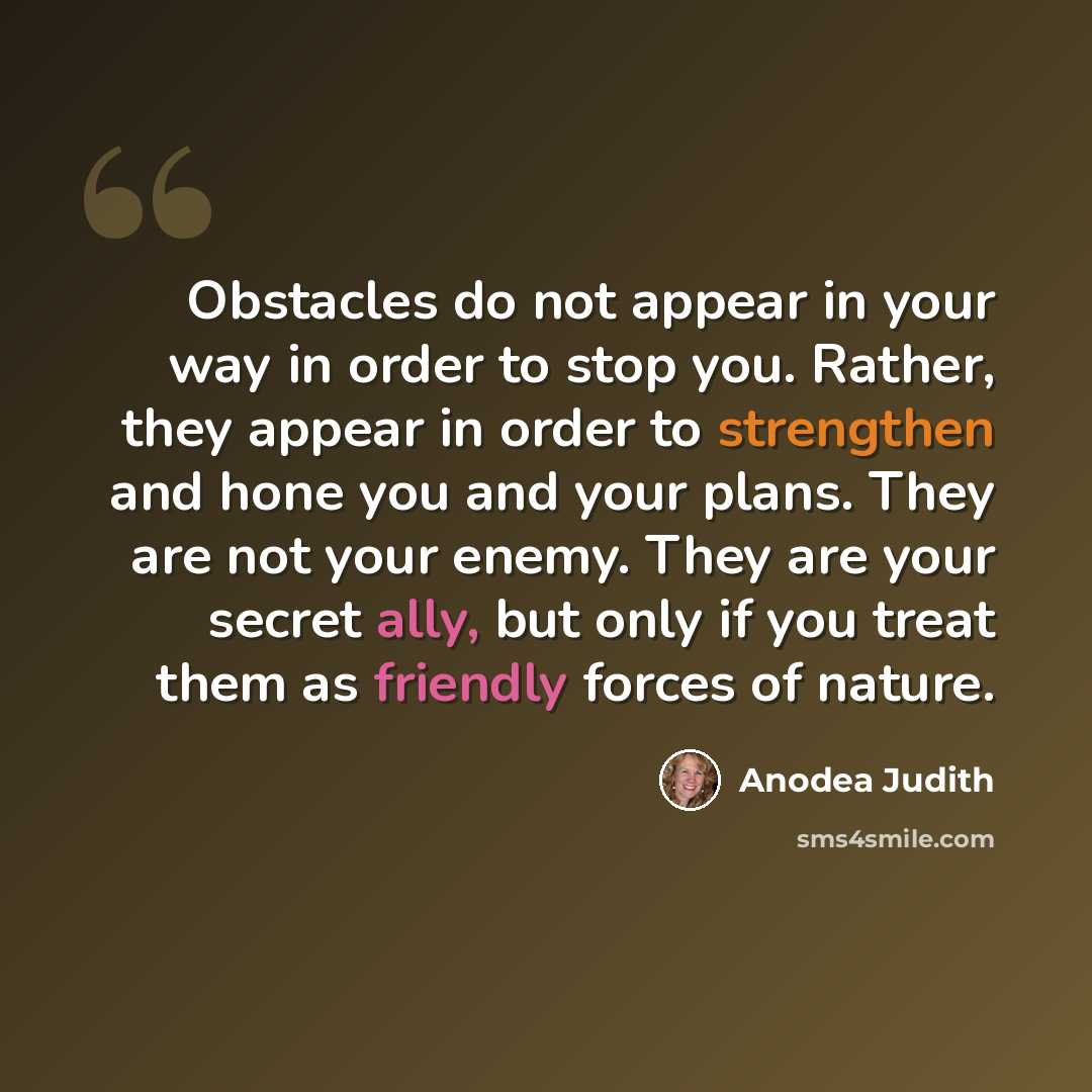 “Obstacles do not appear in your way in order to stop you. Rather, they appear in order to strengthen and hone you and your plans. They are not your enemy. They are your secret ally, but only if you treat them as friendly forces of nature.” quote by Anodea Judith