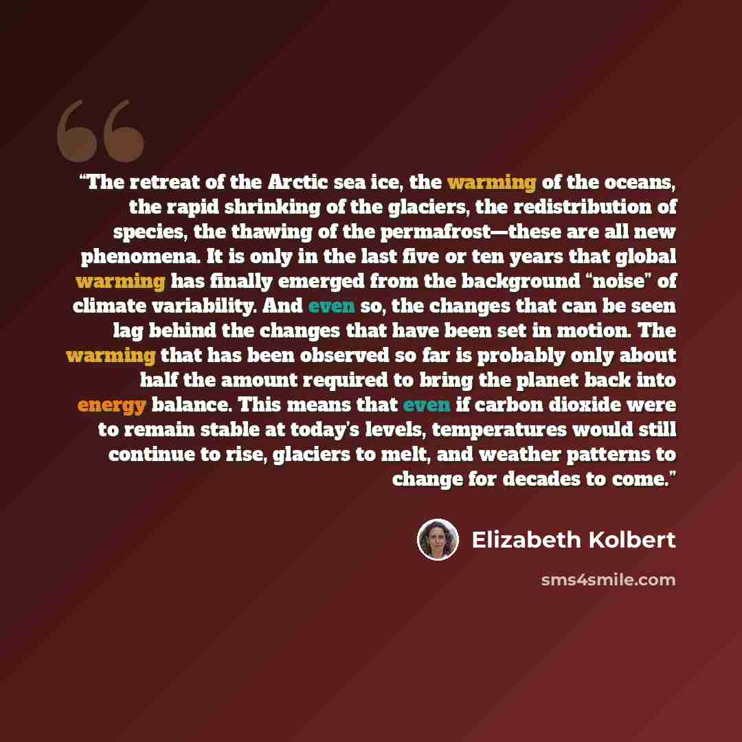 “The retreat of the Arctic sea ice, the warming of the oceans, the rapid shrinking of the glaciers, the redistribution of species, the thawing of the permafrost—these are all new phenomena. It is only in the last five or ten years that global warming has finally emerged from the background “noise”…” quote by Elizabeth Kolbert