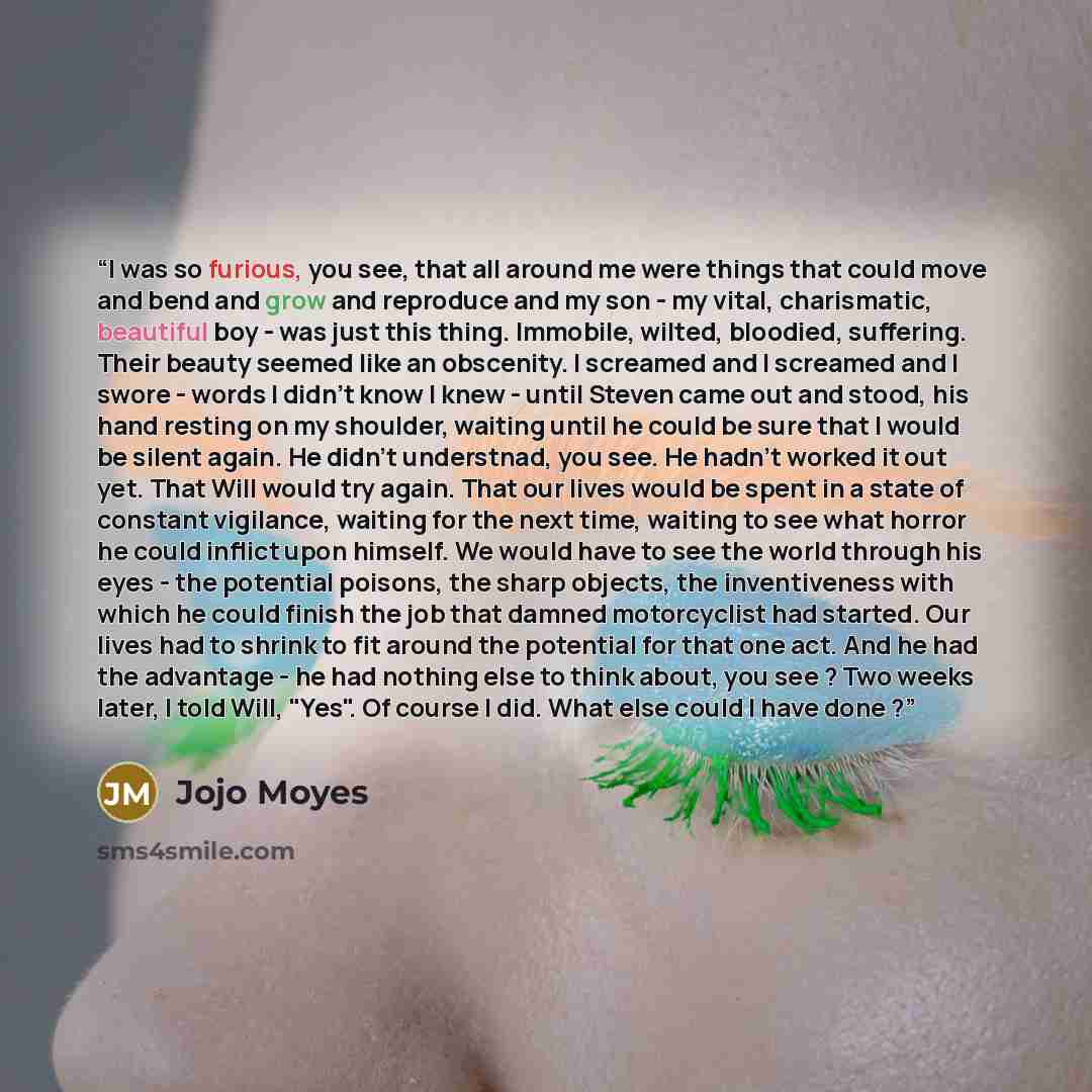 “I was so furious, you see, that all around me were things that could move and bend and grow and reproduce and my son - my vital, charismatic, beautiful boy - was just this thing. Immobile, wilted, bloodied, suffering. Their beauty seemed like an obscenity. I screamed and I screamed and I swore…” quote by Jojo Moyes