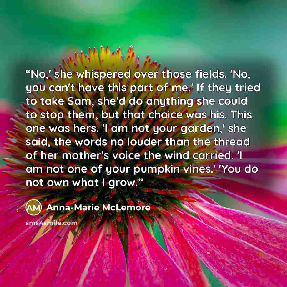 “No,' she whispered over those fields. 'No, you can't have this part of me.' If they tried to take Sam, she'd do anything she could to stop them, but that choice was his. This one was hers. 'I am not your garden,' she said, the words no louder than the thread of her mother's voice the wind carried…” quote by Anna-Marie McLemore