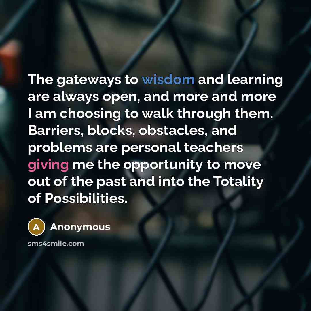 “The gateways to wisdom and learning are always open, and more and more I am choosing to walk through them. Barriers, blocks, obstacles, and problems are personal teachers giving me the opportunity to move out of the past and into the Totality of Possibilities.” quote by Anonymous