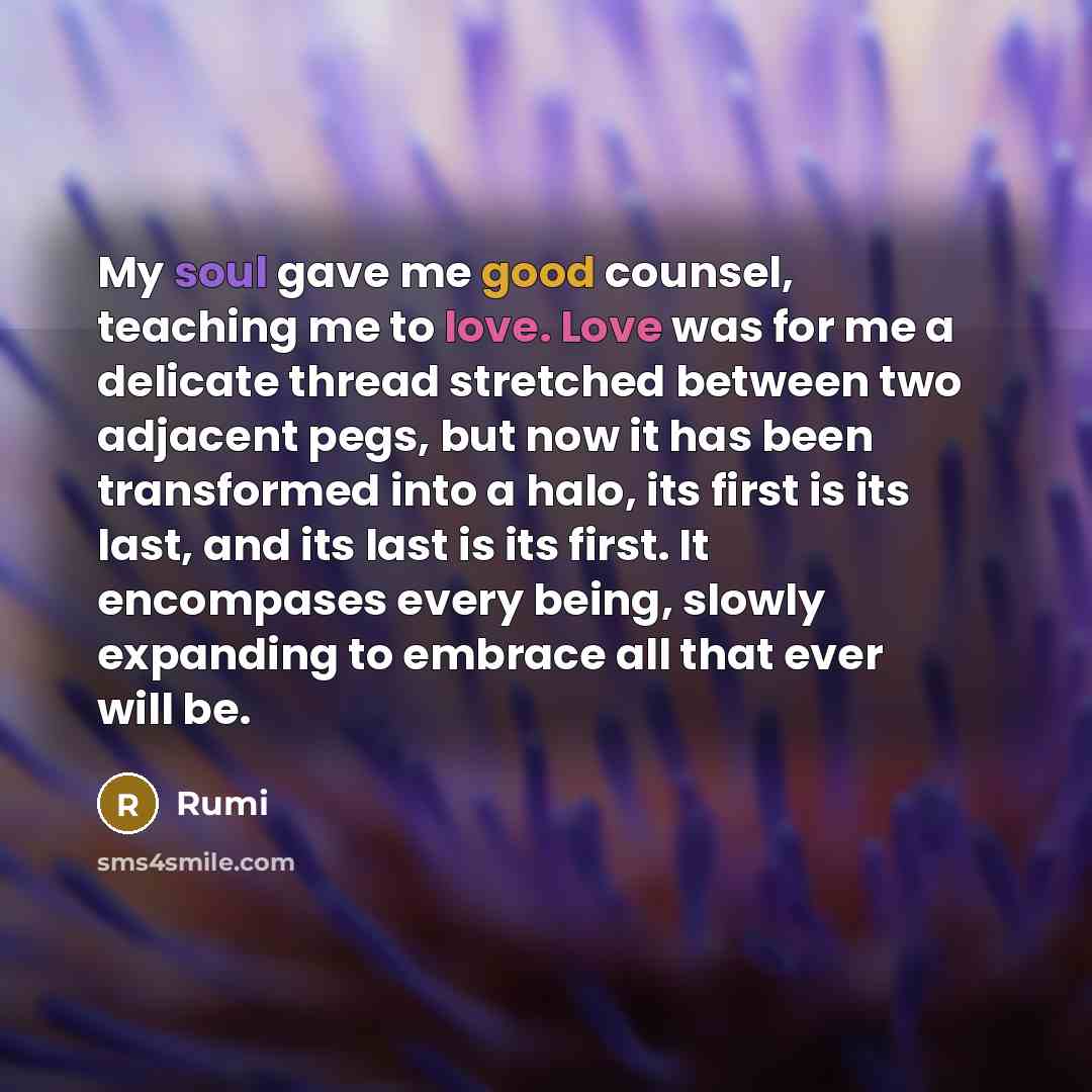 “My soul gave me good counsel, teaching me to love. Love was for me a delicate thread stretched between two adjacent pegs, but now it has been transformed into a halo, its first is its last, and its last is its first. It encompases every being, slowly expanding to embrace all that ever will be.” quote by Rumi