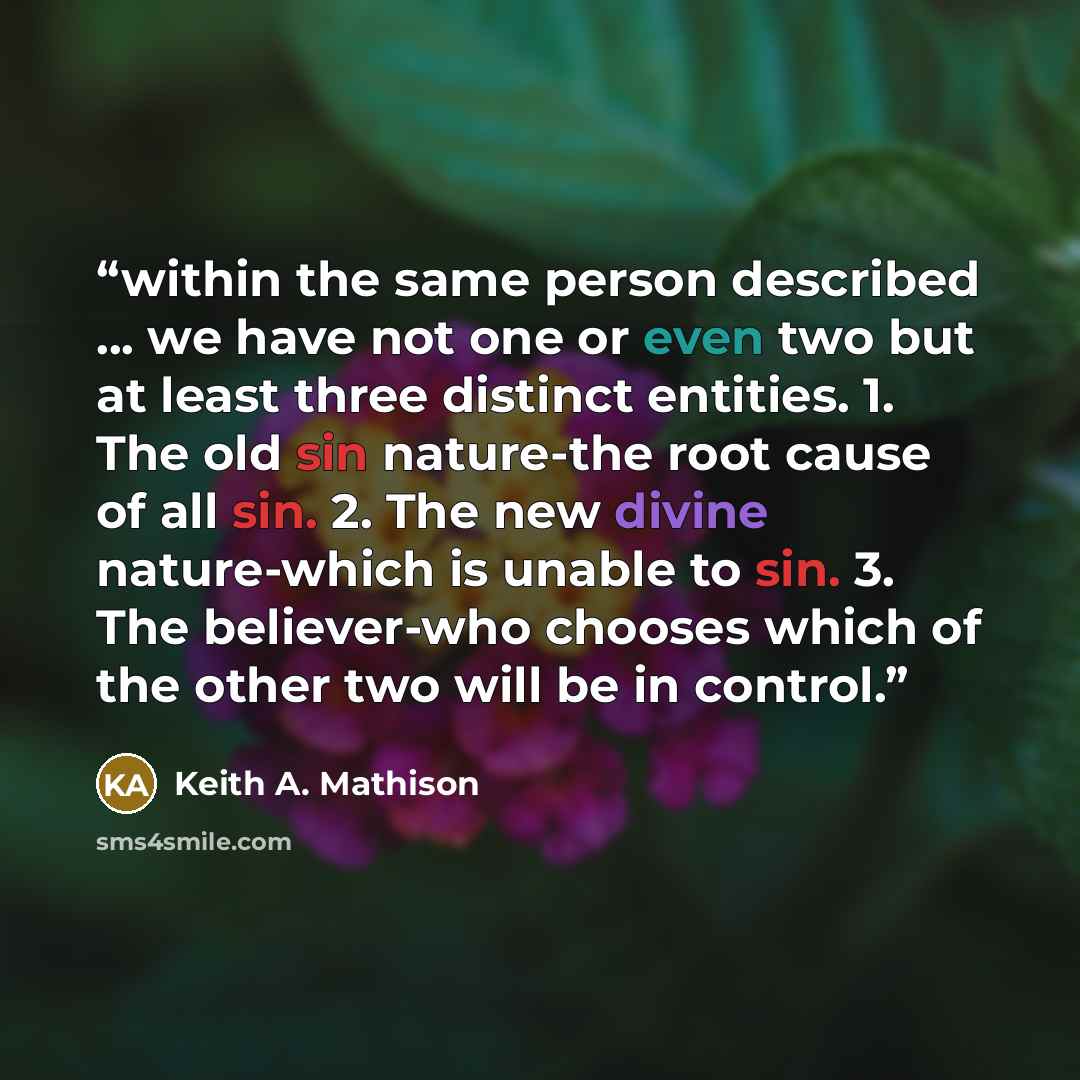 “within the same person described ... we have not one or even two but at least three distinct entities. 1. The old sin nature-the root cause of all sin. 2. The new divine nature-which is unable to sin. 3. The believer-who chooses which of the other two will be in control.” quote by Keith A. Mathison