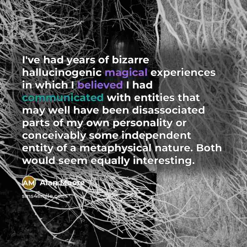 “I've had years of bizarre hallucinogenic magical experiences in which I believed I had communicated with entities that may well have been disassociated parts of my own personality or conceivably some independent entity of a metaphysical nature. Both would seem equally interesting.” quote by Alan Moore
