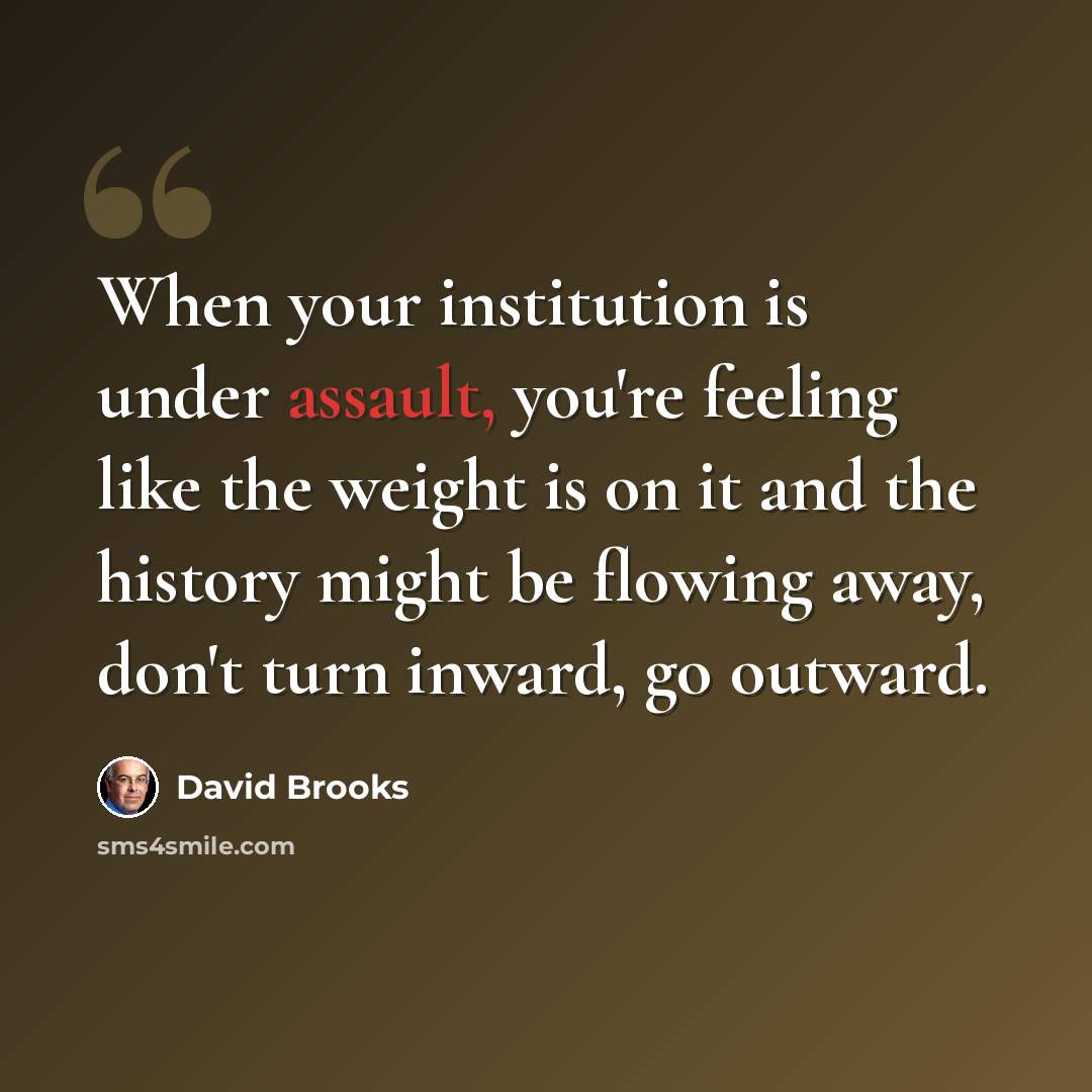 “When your institution is under assault, you're feeling like the weight is on it and the history might be flowing away, don't turn inward, go outward.” quote by David Brooks