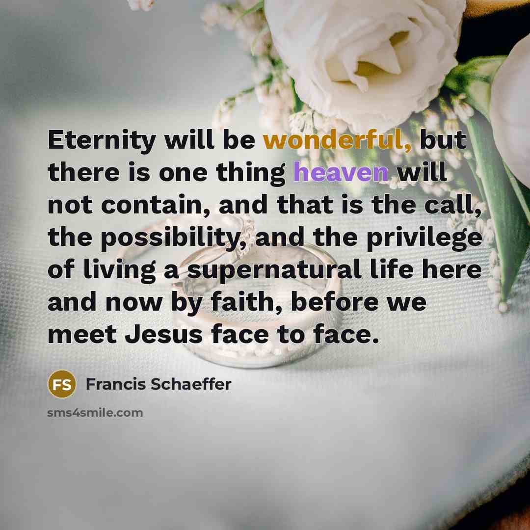 “Eternity will be wonderful, but there is one thing heaven will not contain, and that is the call, the possibility, and the privilege of living a supernatural life here and now by faith, before we meet Jesus face to face.” quote by Francis Schaeffer