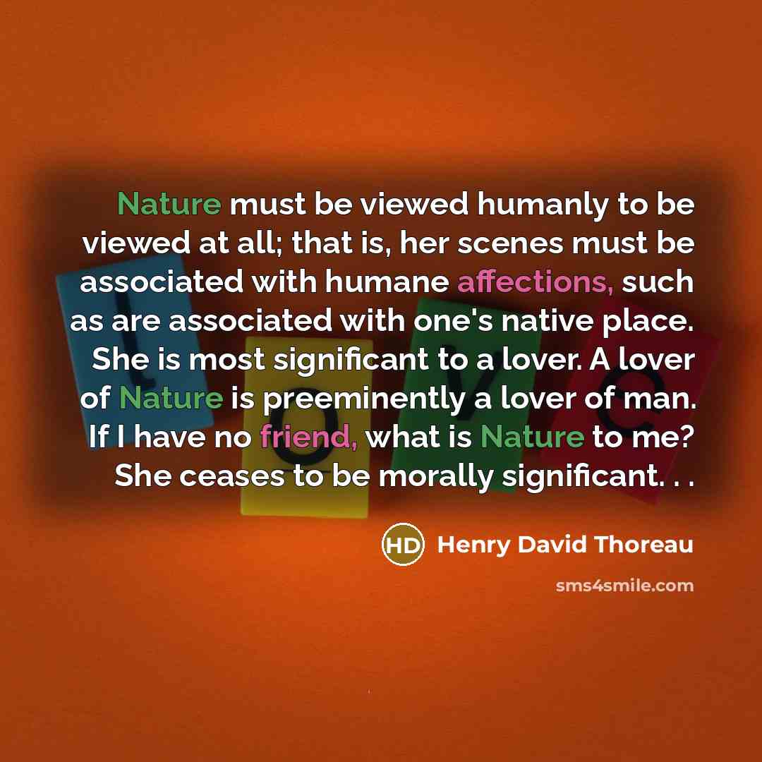 “Nature must be viewed humanly to be viewed at all; that is, her scenes must be associated with humane affections, such as are associated with one's native place. She is most significant to a lover. A lover of Nature is preeminently a lover of man. If I have no friend, what is Nature to me? She…” quote by Henry David Thoreau