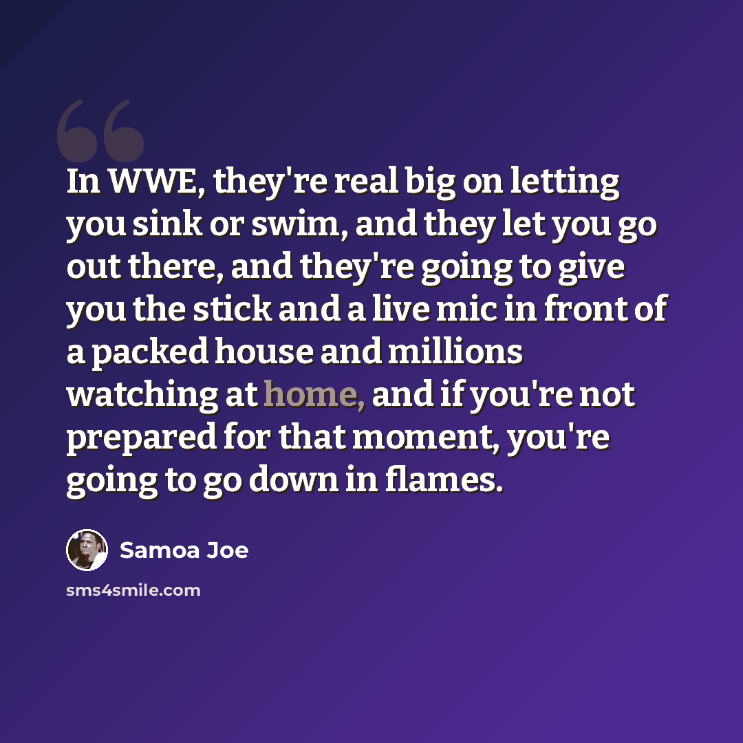 “In WWE, they're real big on letting you sink or swim, and they let you go out there, and they're going to give you the stick and a live mic in front of a packed house and millions watching at home, and if you're not prepared for that moment, you're going to go down in flames.” quote by Samoa Joe