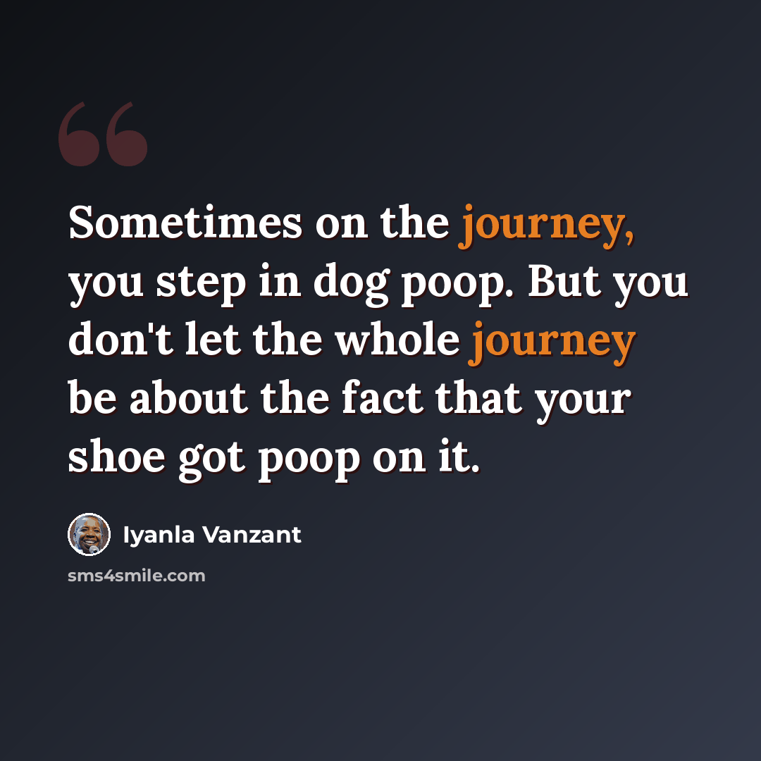 “Sometimes on the journey, you step in dog poop. But you don't let the whole journey be about the fact that your shoe got poop on it.” quote by Iyanla Vanzant