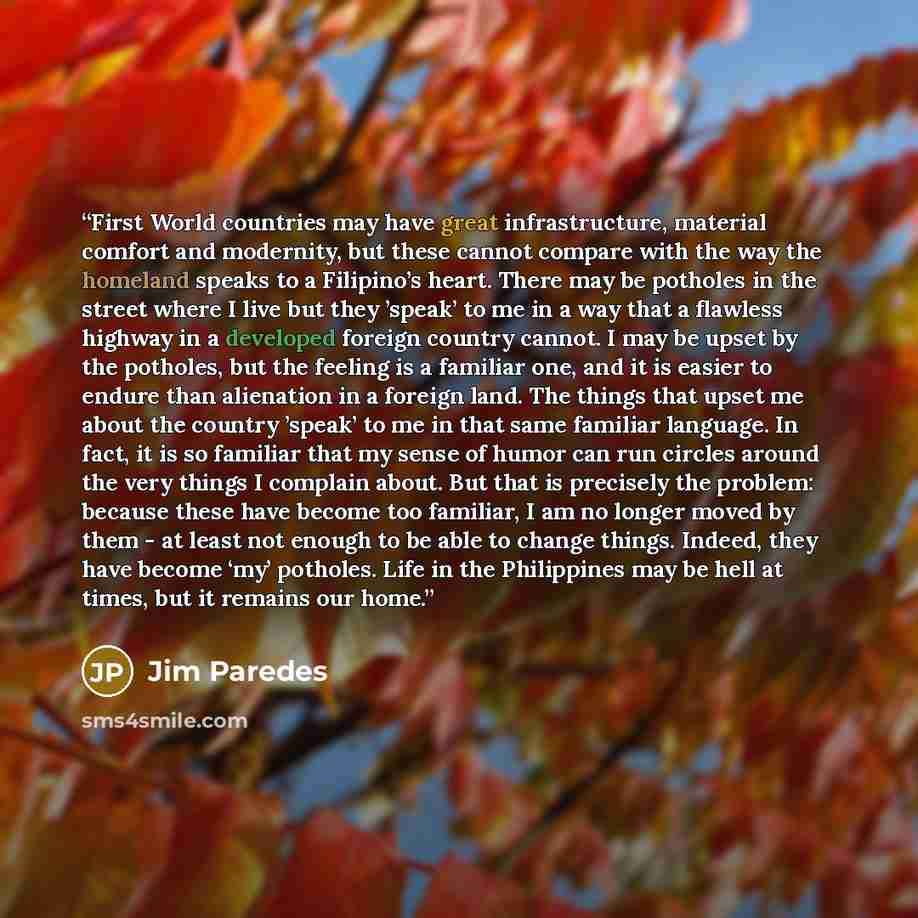 “First World countries may have great infrastructure, material comfort and modernity, but these cannot compare with the way the homeland speaks to a Filipino’s heart. There may be potholes in the street where I live but they ’speak’ to me in a way that a flawless highway in a developed foreign…” quote by Jim Paredes