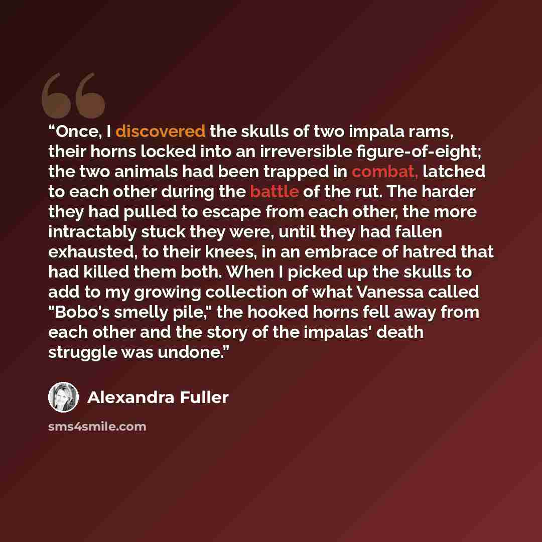 “Once, I discovered the skulls of two impala rams, their horns locked into an irreversible figure-of-eight; the two animals had been trapped in combat, latched to each other during the battle of the rut. The harder they had pulled to escape from each other, the more intractably stuck they were…” quote by Alexandra Fuller