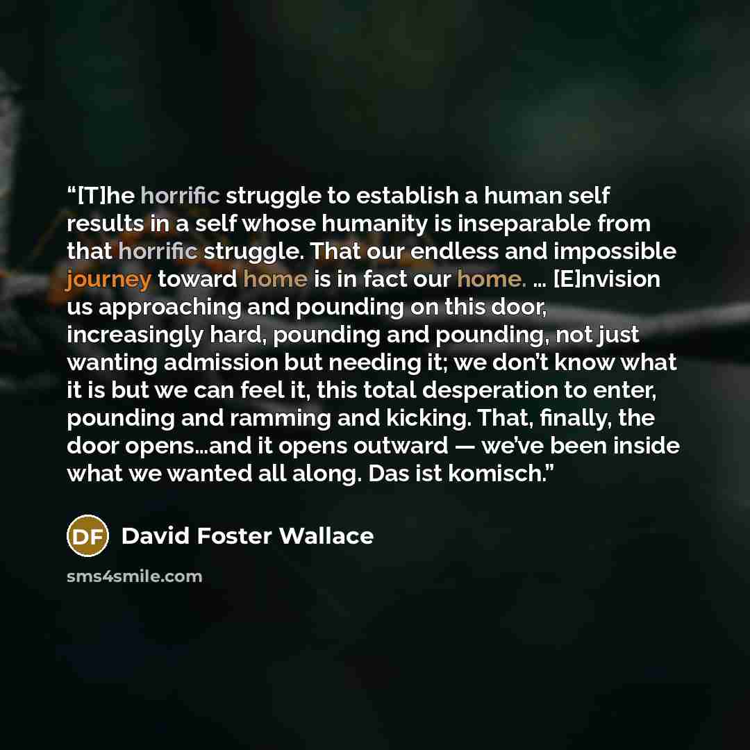 “[T]he horrific struggle to establish a human self results in a self whose humanity is inseparable from that horrific struggle. That our endless and impossible journey toward home is in fact our home. … [E]nvision us approaching and pounding on this door, increasingly hard, pounding and pounding…” quote by David Foster Wallace