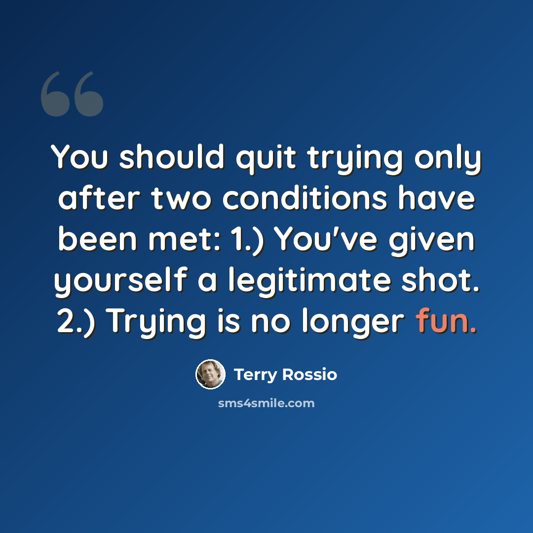 “You should quit trying only after two conditions have been met: 1.) You've given yourself a legitimate shot. 2.) Trying is no longer fun.” quote by Terry Rossio