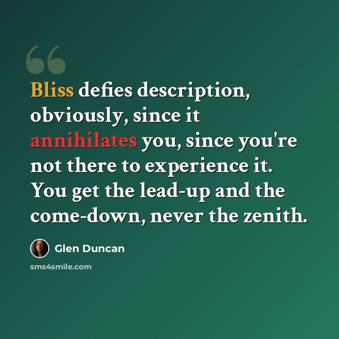 “Bliss defies description, obviously, since it annihilates you, since you're not there to experience it. You get the lead-up and the come-down, never the zenith.” quote by Glen Duncan