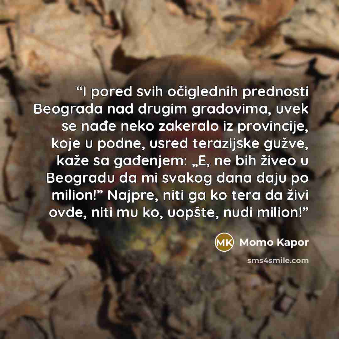 “I pored svih očiglednih prednosti Beograda nad drugim gradovima, uvek se nađe neko zakeralo iz provincije, koje u podne, usred terazijske gužve, kaže sa gađenjem: „E, ne bih živeo u Beogradu da mi svakog dana daju po milion!” Najpre, niti ga ko tera da živi ovde, niti mu ko, uopšte, nudi milion!” quote by Momo Kapor