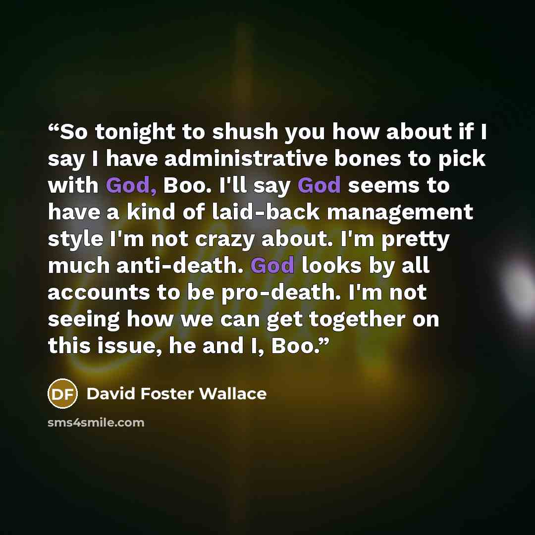 “So tonight to shush you how about if I say I have administrative bones to pick with God, Boo. I'll say God seems to have a kind of laid-back management style I'm not crazy about. I'm pretty much anti-death. God looks by all accounts to be pro-death. I'm not seeing how we can get together on this…” quote by David Foster Wallace
