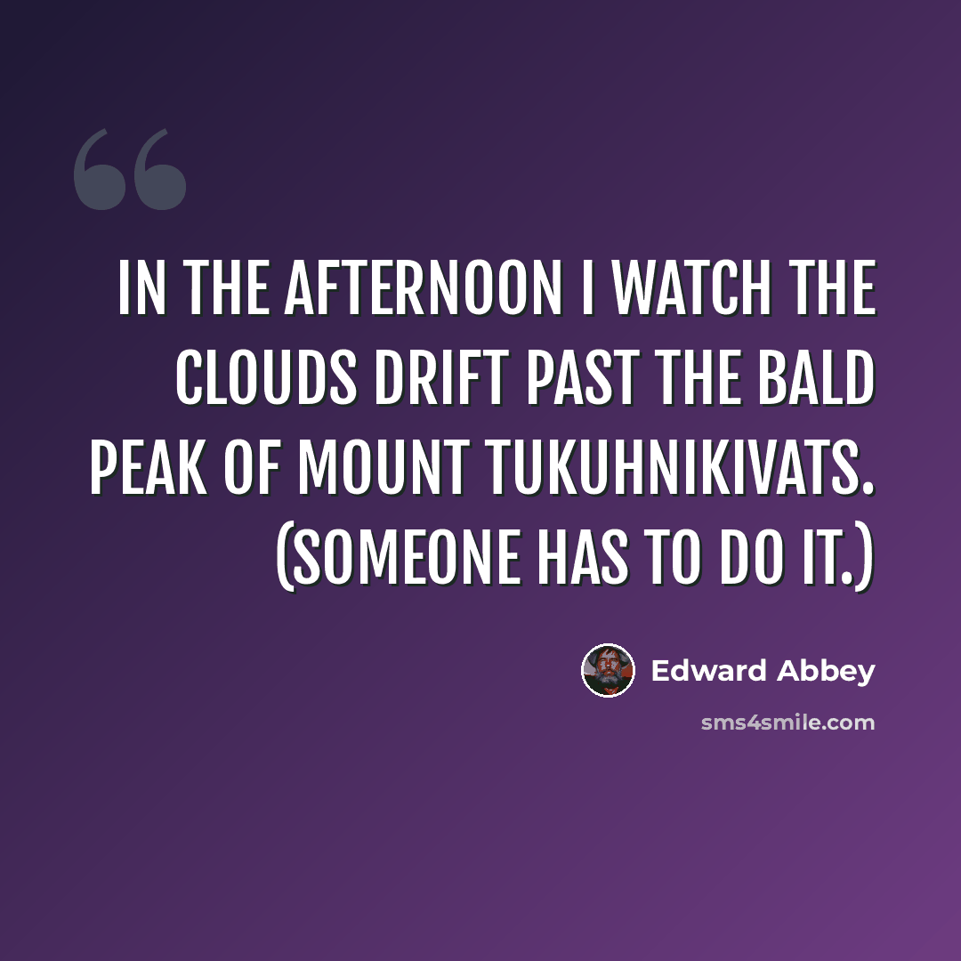 “In the afternoon I watch the clouds drift past the bald peak of Mount Tukuhnikivats. (Someone has to do it.)” quote by Edward Abbey