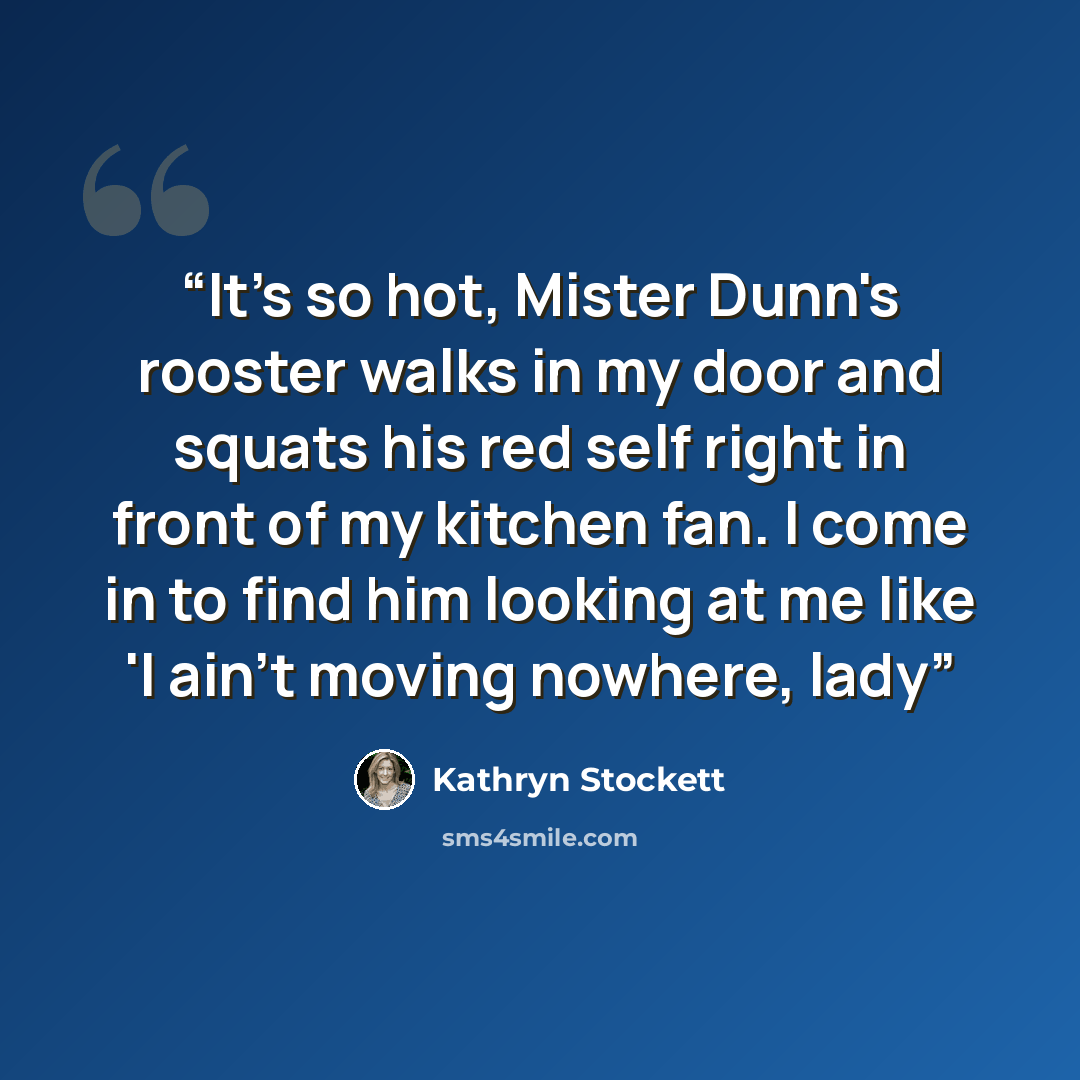 “It's so hot, Mister Dunn's rooster walks in my door and squats his red self right in front of my kitchen fan. I come in to find him looking at me like 'I ain't moving nowhere, lady” quote by Kathryn Stockett