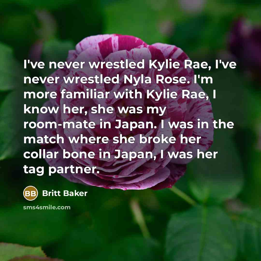 “I've never wrestled Kylie Rae, I've never wrestled Nyla Rose. I'm more familiar with Kylie Rae, I know her, she was my room-mate in Japan. I was in the match where she broke her collar bone in Japan, I was her tag partner.” quote by Britt Baker