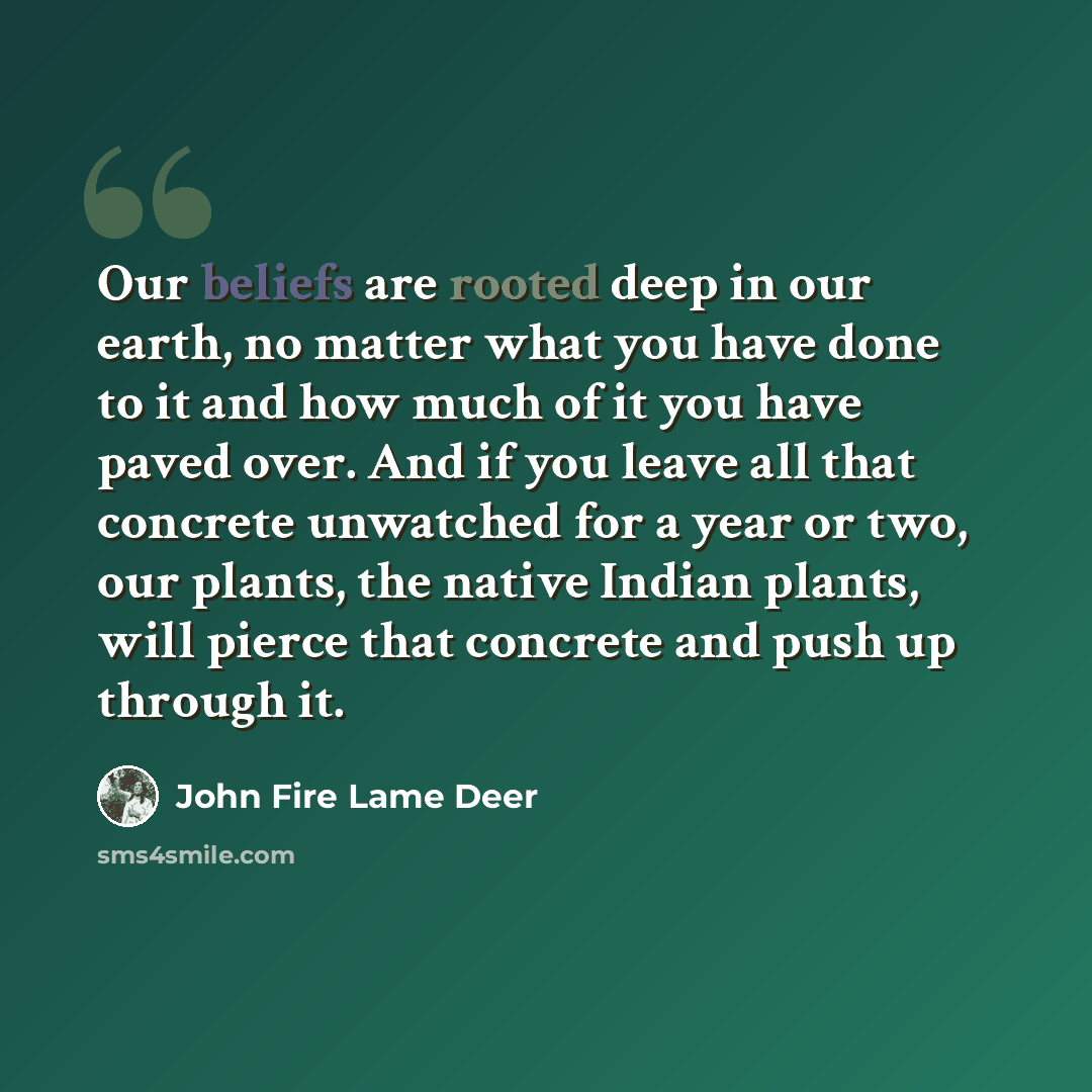 “Our beliefs are rooted deep in our earth, no matter what you have done to it and how much of it you have paved over. And if you leave all that concrete unwatched for a year or two, our plants, the native Indian plants, will pierce that concrete and push up through it.” quote by John Fire Lame Deer