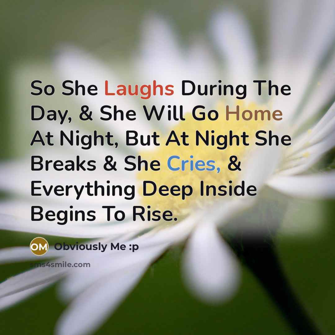“So She Laughs During The Day, & She Will Go Home At Night, But At Night She Breaks & She Cries, & Everything Deep Inside Begins To Rise.” quote by Obviously Me :p