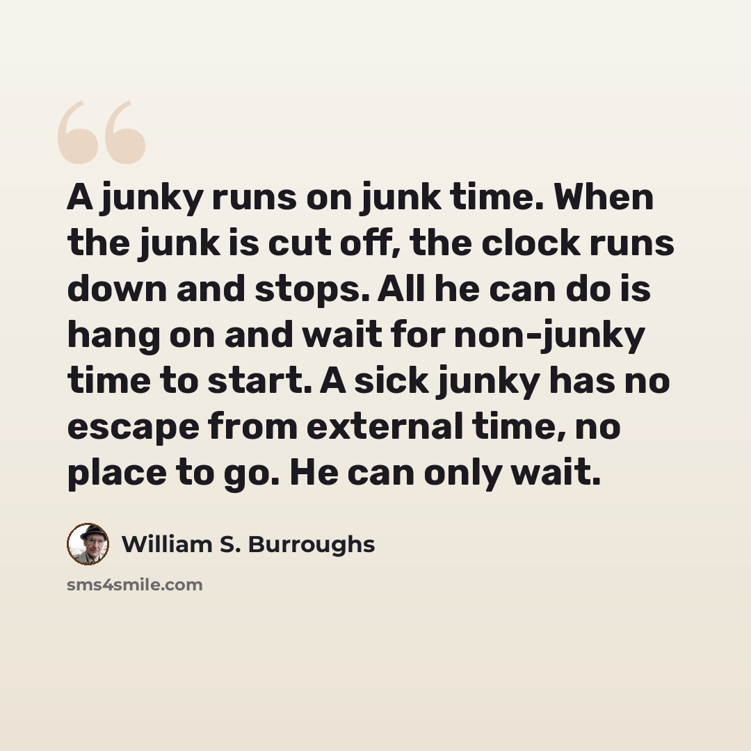 “A junky runs on junk time. When the junk is cut off, the clock runs down and stops. All he can do is hang on and wait for non-junky time to start. A sick junky has no escape from external time, no place to go. He can only wait.” quote by William S. Burroughs