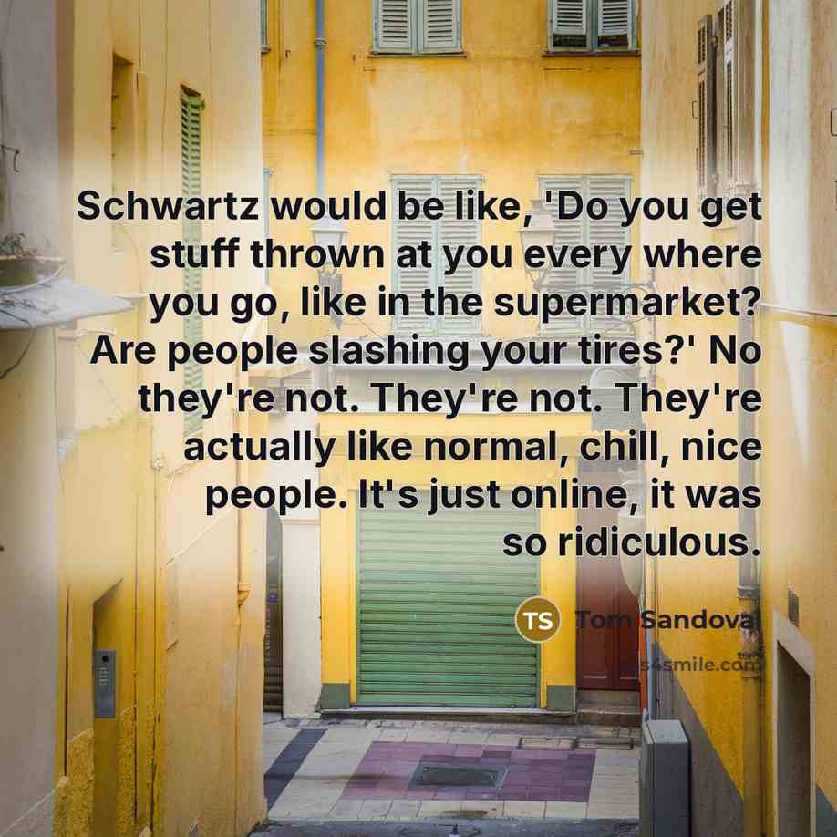 “Schwartz would be like, 'Do you get stuff thrown at you every where you go, like in the supermarket? Are people slashing your tires?' No they're not. They're not. They're actually like normal, chill, nice people. It's just online, it was so ridiculous.” quote by Tom Sandoval