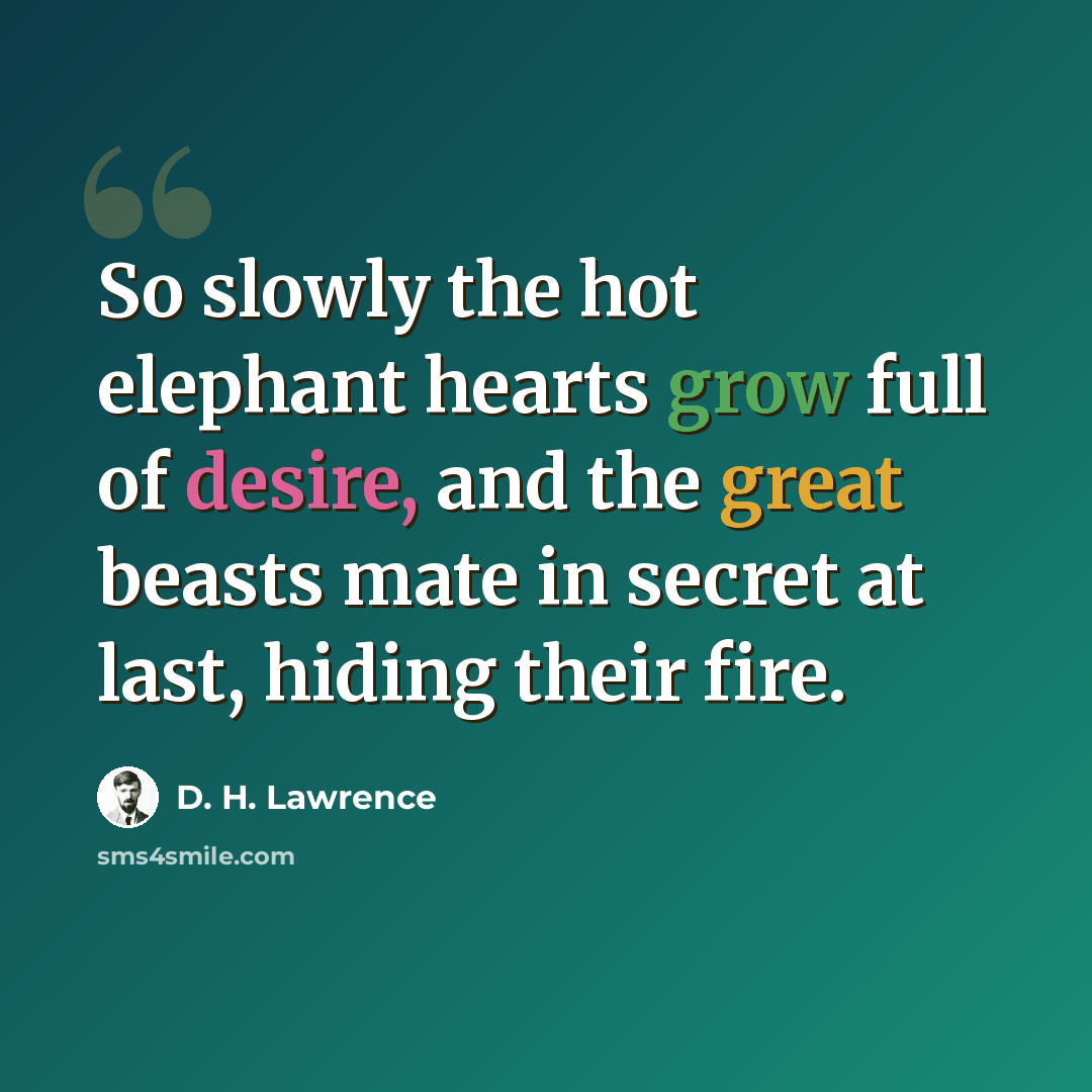 “So slowly the hot elephant hearts grow full of desire, and the great beasts mate in secret at last, hiding their fire.” quote by D. H. Lawrence