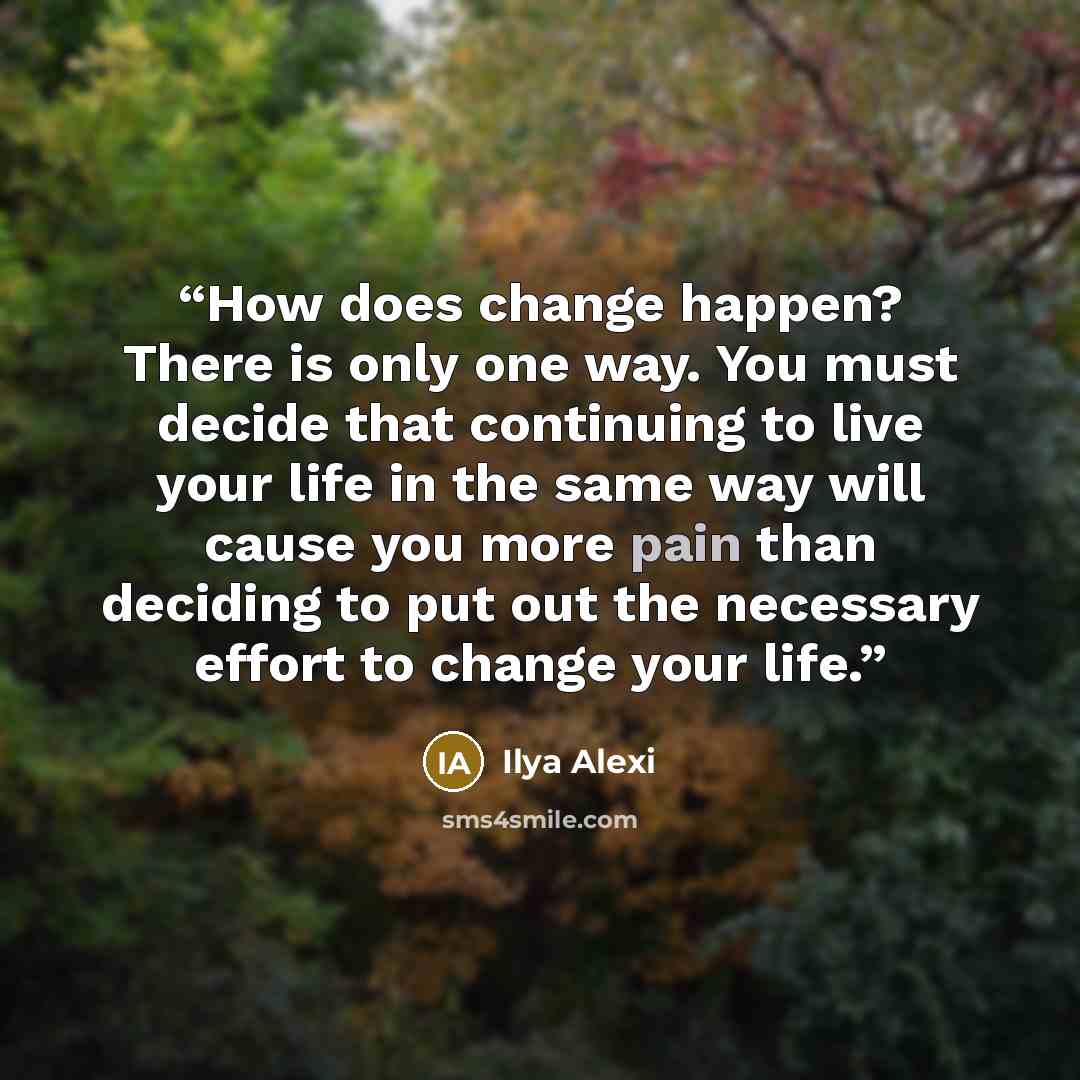 “How does change happen? There is only one way. You must decide that continuing to live your life in the same way will cause you more pain than deciding to put out the necessary effort to change your life.” quote by Ilya Alexi