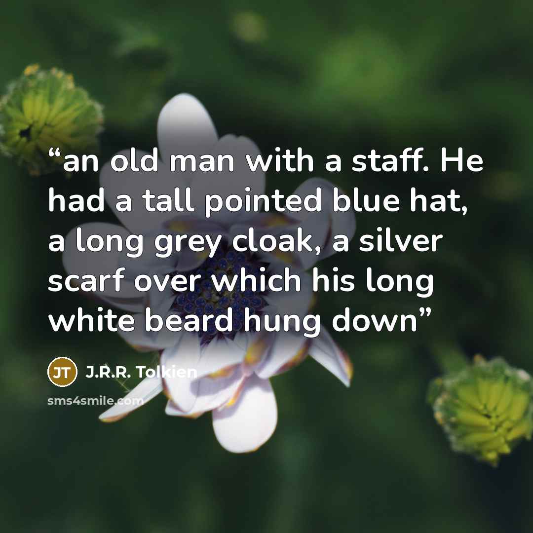 “an old man with a staff. He had a tall pointed blue hat, a long grey cloak, a silver scarf over which his long white beard hung down” quote by J.R.R. Tolkien