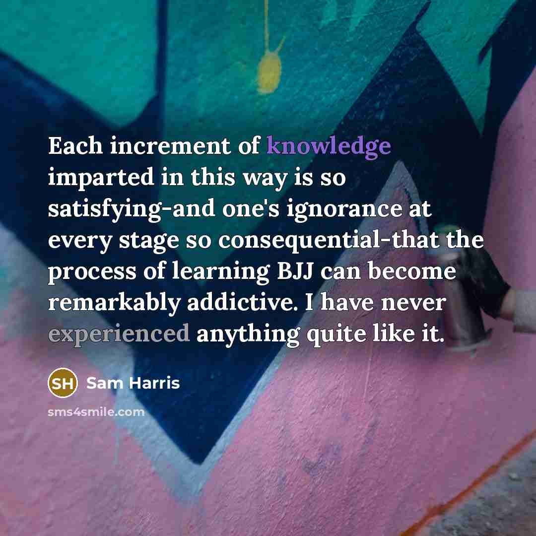 “Each increment of knowledge imparted in this way is so satisfying-and one's ignorance at every stage so consequential-that the process of learning BJJ can become remarkably addictive. I have never experienced anything quite like it.” quote by Sam Harris
