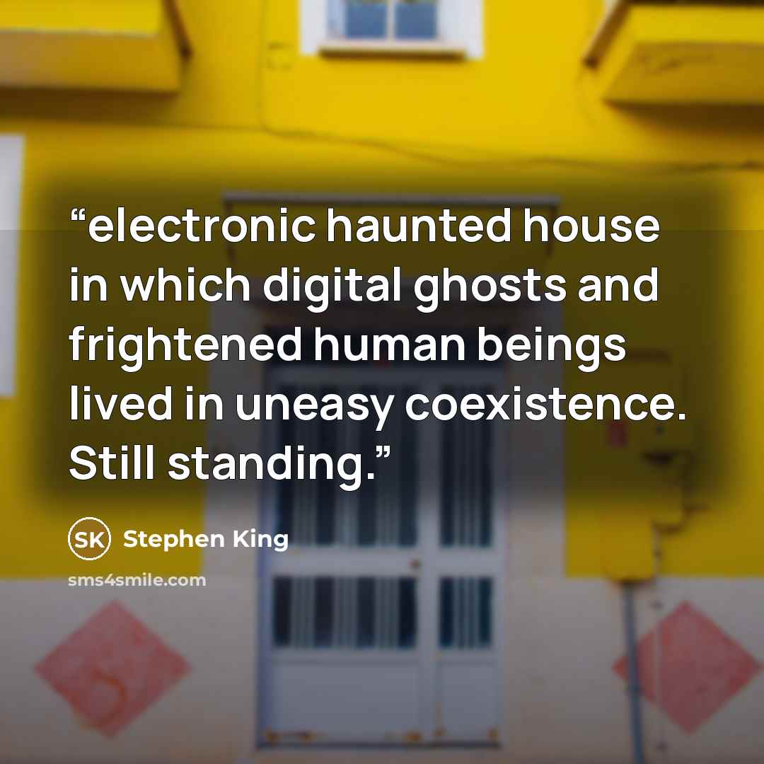 “electronic haunted house in which digital ghosts and frightened human beings lived in uneasy coexistence. Still standing.” quote by Stephen King