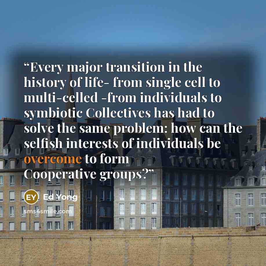 “Every major transition in the history of life- from single cell to multi-celled -from individuals to symbiotic Collectives has had to solve the same problem: how can the selfish interests of individuals be overcome to form Cooperative groups?” quote by Ed Yong