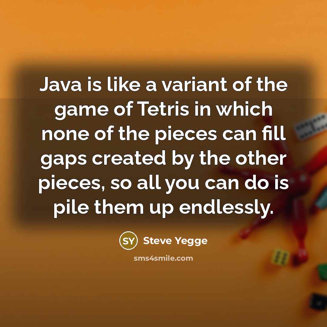 “Java is like a variant of the game of Tetris in which none of the pieces can fill gaps created by the other pieces, so all you can do is pile them up endlessly.” quote by Steve Yegge