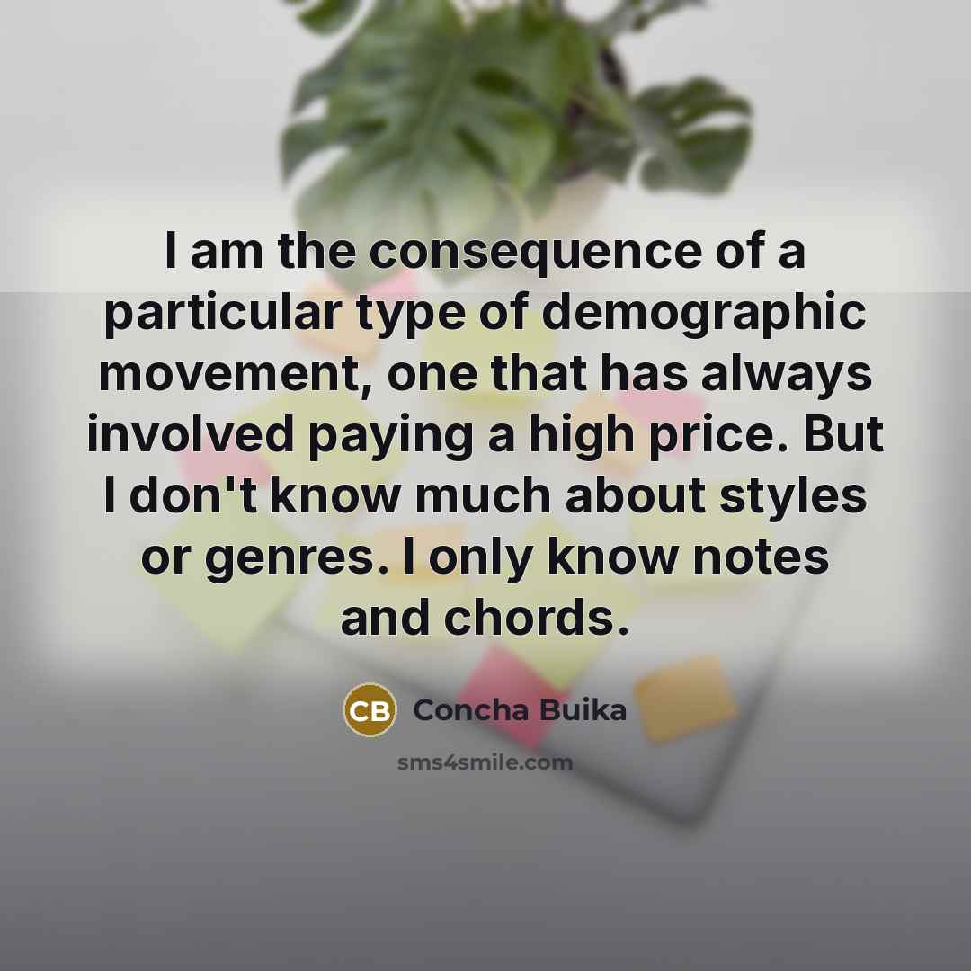 “I am the consequence of a particular type of demographic movement, one that has always involved paying a high price. But I don't know much about styles or genres. I only know notes and chords.” quote by Concha Buika