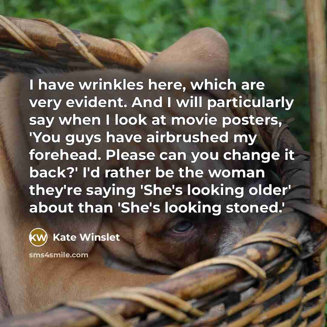 “I have wrinkles here, which are very evident. And I will particularly say when I look at movie posters, 'You guys have airbrushed my forehead. Please can you change it back?' I'd rather be the woman they're saying 'She's looking older' about than 'She's looking stoned.'” quote by Kate Winslet