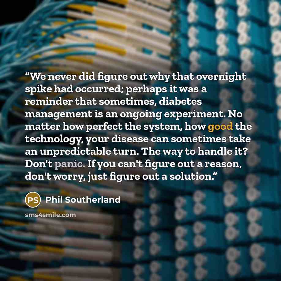 “We never did figure out why that overnight spike had occurred; perhaps it was a reminder that sometimes, diabetes management is an ongoing experiment. No matter how perfect the system, how good the technology, your disease can sometimes take an unpredictable turn. The way to handle it? Don't…” quote by Phil Southerland