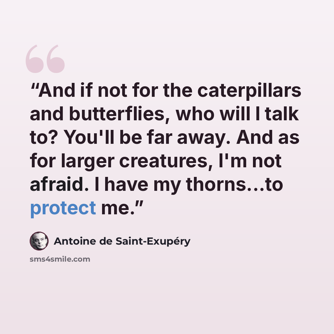 “And if not for the caterpillars and butterflies, who will I talk to? You'll be far away. And as for larger creatures, I'm not afraid. I have my thorns...to protect me.” quote by Antoine de Saint-Exupery