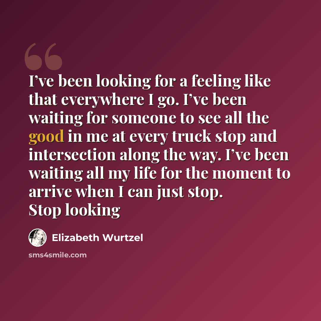 “I’ve been looking for a feeling like that everywhere I go. I’ve been waiting for someone to see all the good in me at every truck stop and intersection along the way. I’ve been waiting all my life for the moment to arrive when I can just stop. Stop looking” quote by Elizabeth Wurtzel