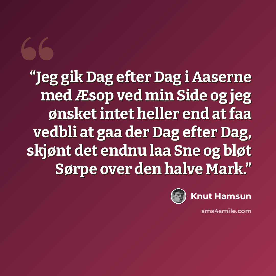 “Jeg gik Dag efter Dag i Aaserne med Æsop ved min Side og jeg ønsket intet heller end at faa vedbli at gaa der Dag efter Dag, skjønt det endnu laa Sne og bløt Sørpe over den halve Mark.” quote by Knut Hamsun