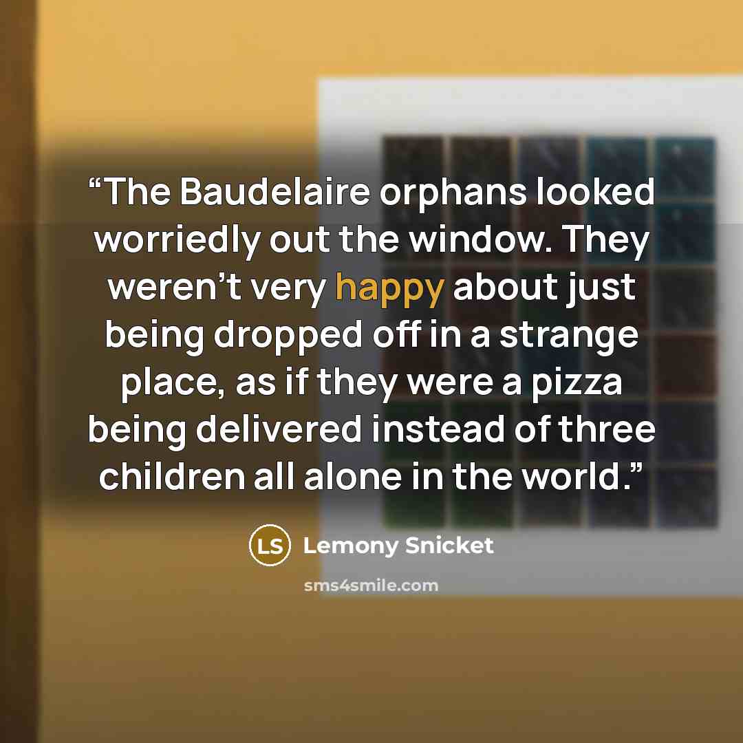 “The Baudelaire orphans looked worriedly out the window. They weren't very happy about just being dropped off in a strange place, as if they were a pizza being delivered instead of three children all alone in the world.” quote by Lemony Snicket
