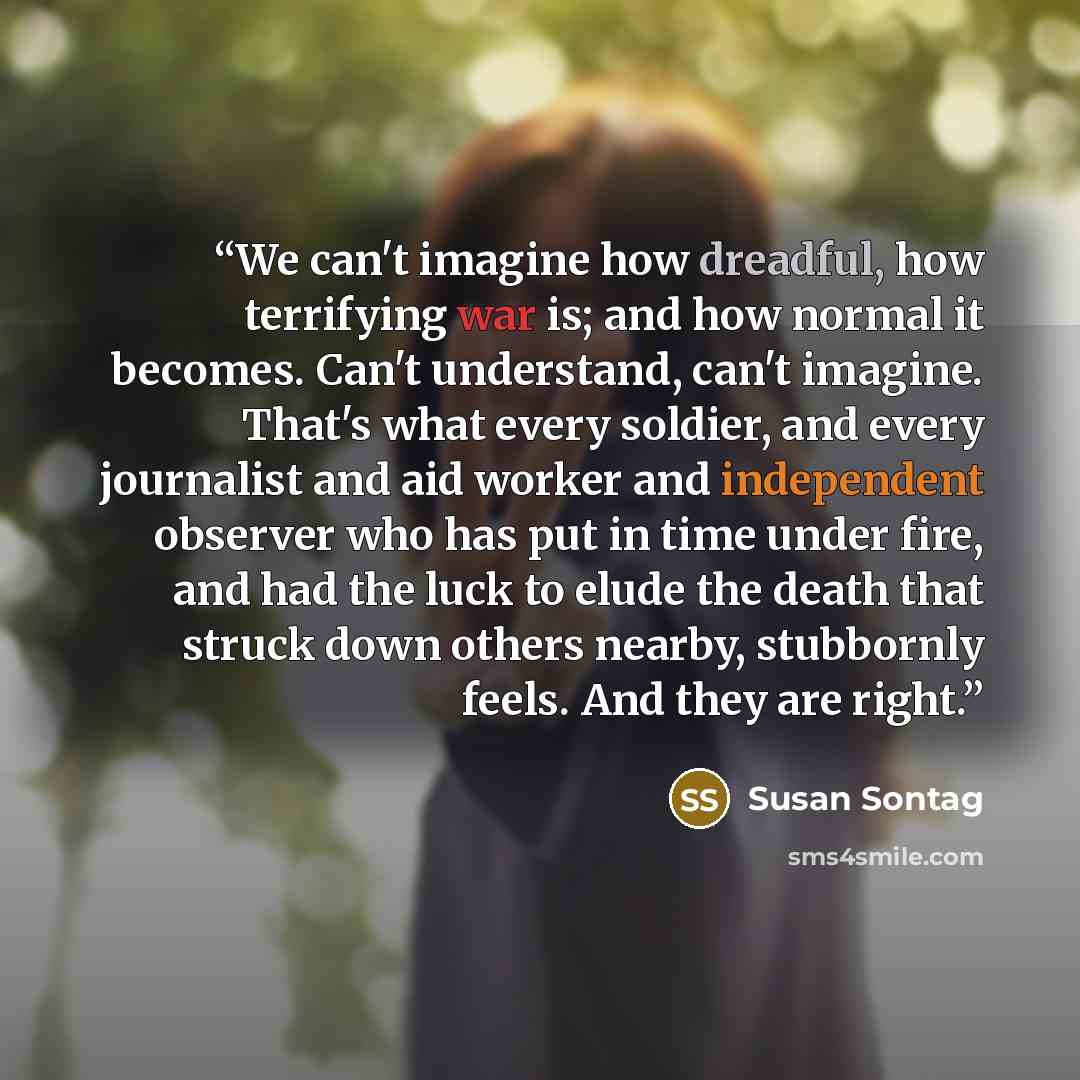 “We can't imagine how dreadful, how terrifying war is; and how normal it becomes. Can't understand, can't imagine. That's what every soldier, and every journalist and aid worker and independent observer who has put in time under fire, and had the luck to elude the death that struck down others…” quote by Susan Sontag