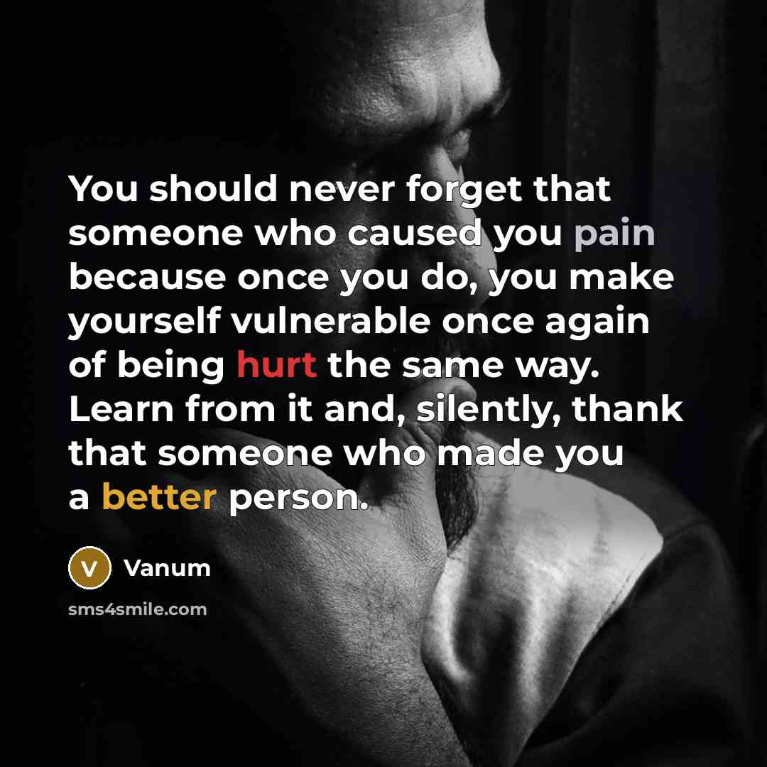 “You should never forget that someone who caused you pain because once you do, you make yourself vulnerable once again of being hurt the same way. Learn from it and, silently, thank that someone who made you a better person.” quote by Vanum