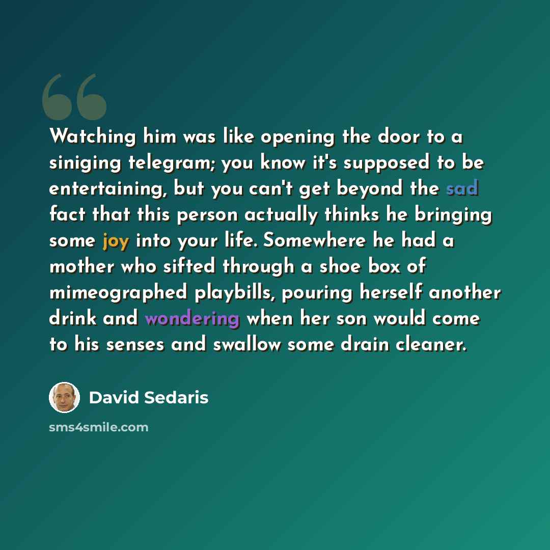 “Watching him was like opening the door to a siniging telegram; you know it's supposed to be entertaining, but you can't get beyond the sad fact that this person actually thinks he bringing some joy into your life. Somewhere he had a mother who sifted through a shoe box of mimeographed playbills…” quote by David Sedaris