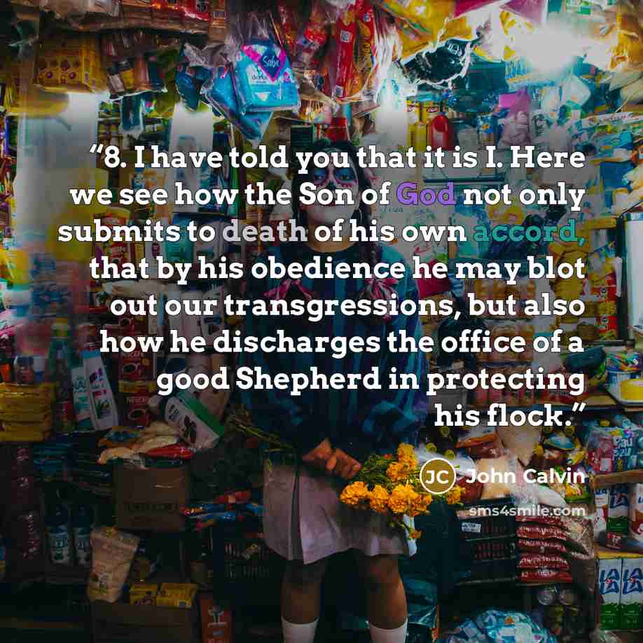 “8. I have told you that it is I. Here we see how the Son of God not only submits to death of his own accord, that by his obedience he may blot out our transgressions, but also how he discharges the office of a good Shepherd in protecting his flock.” quote by John Calvin