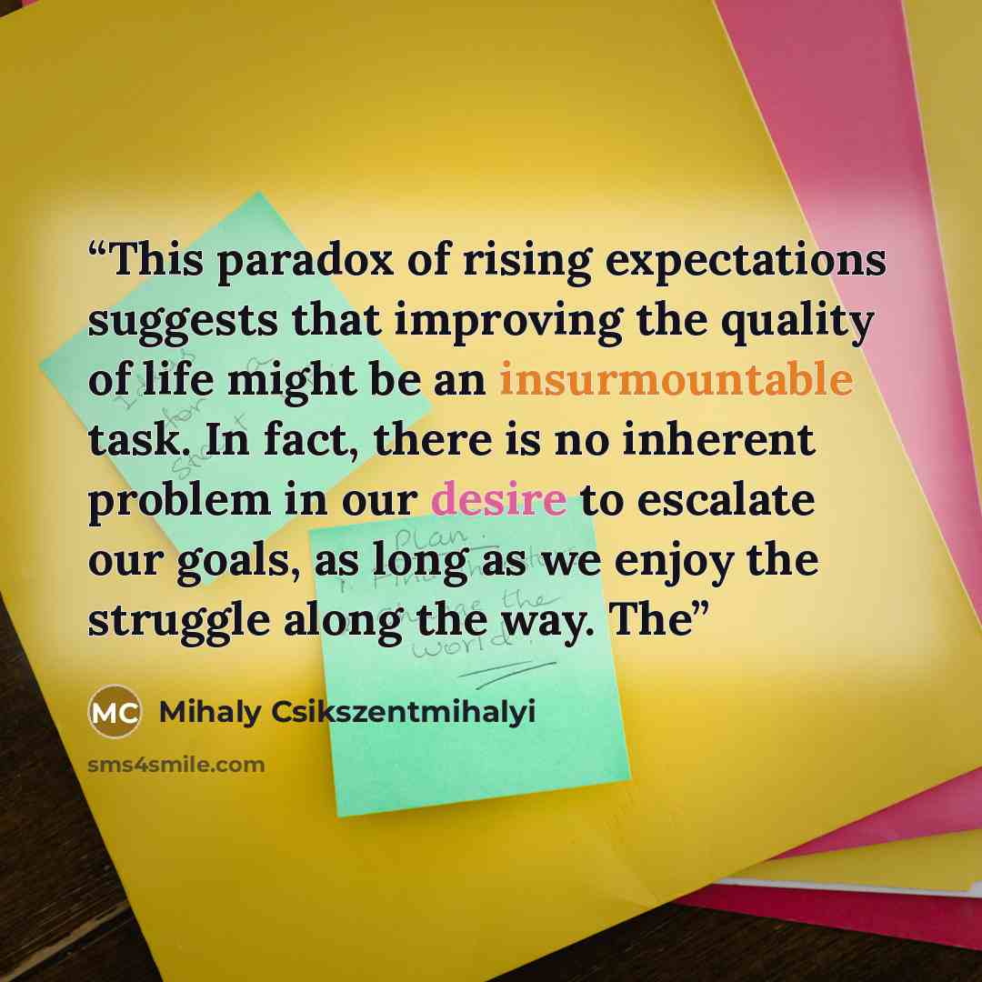 “This paradox of rising expectations suggests that improving the quality of life might be an insurmountable task. In fact, there is no inherent problem in our desire to escalate our goals, as long as we enjoy the struggle along the way. The” quote by Mihaly Csikszentmihalyi